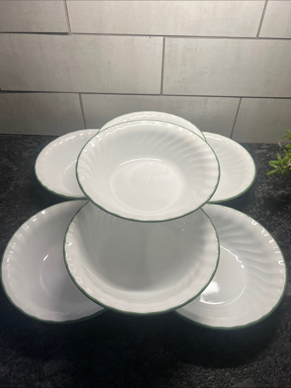 Corelle Callaway White Soup/Cereal Bowls with Green Rim - Set of 7